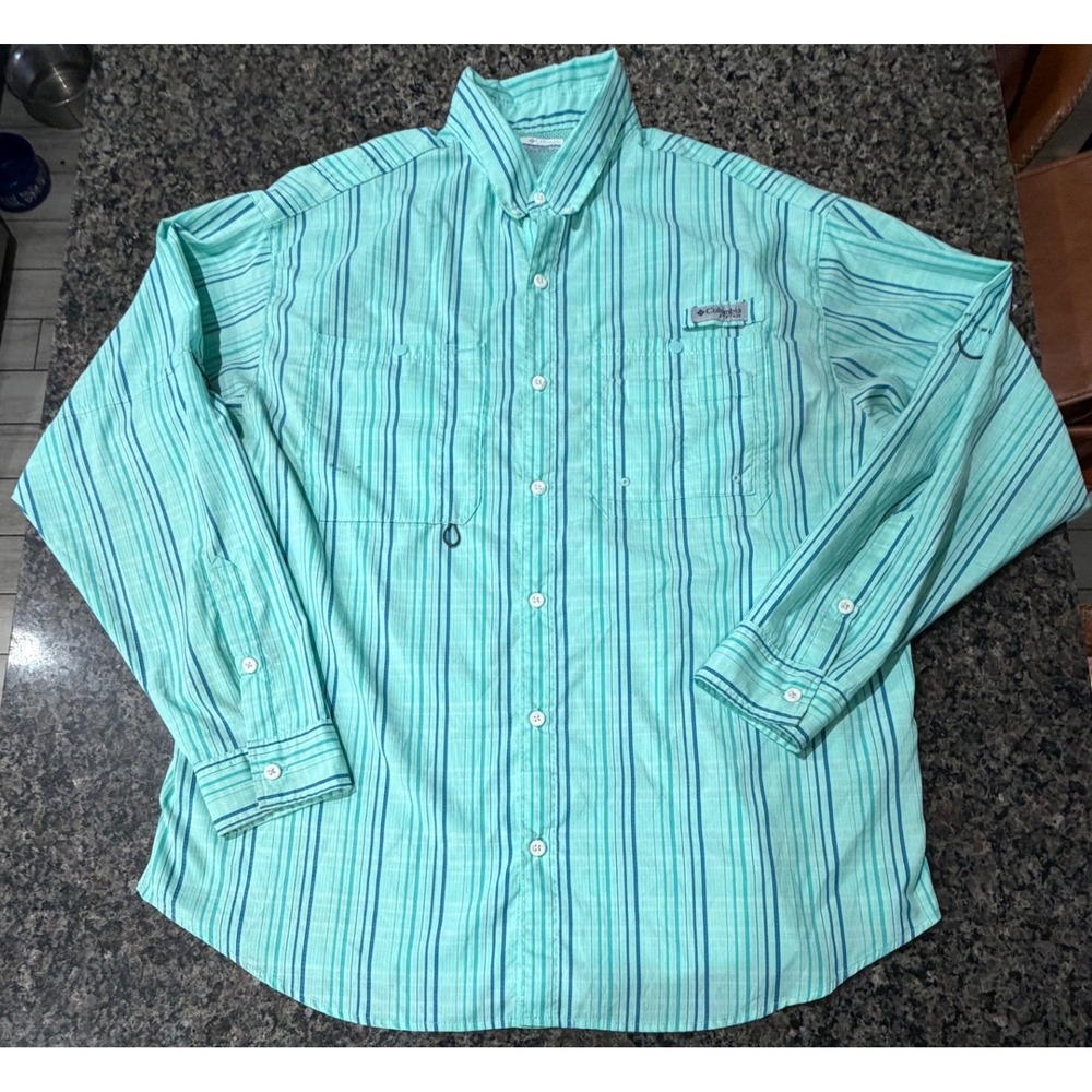 Columbia PFG Mens XL Long Sleeve Fishing Shirt Aqua Mint Green Striped XM7880‎